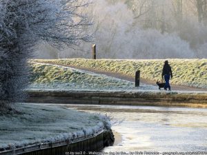Image shoes a frozen canal with somone walking a dog in the background